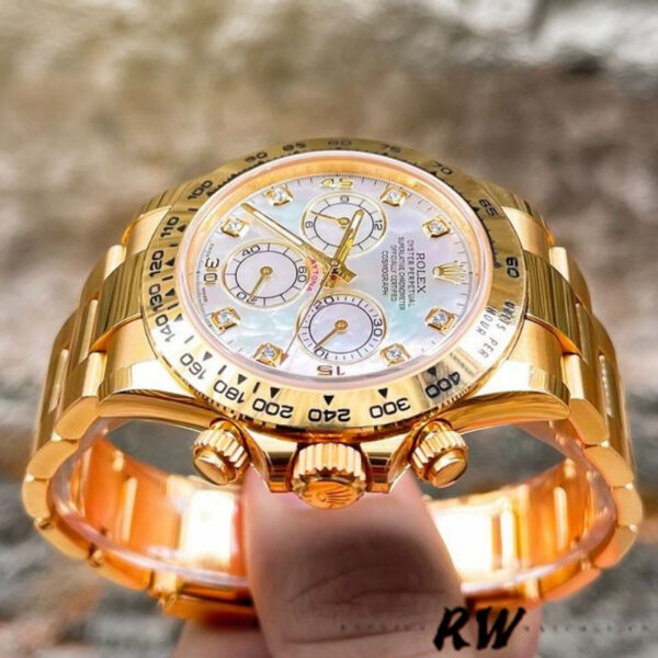 Rolex Daytona 116528 Yellow Gold Mother of Pearl Diamond Dial 40mm Mens Replica Watch - Image 4