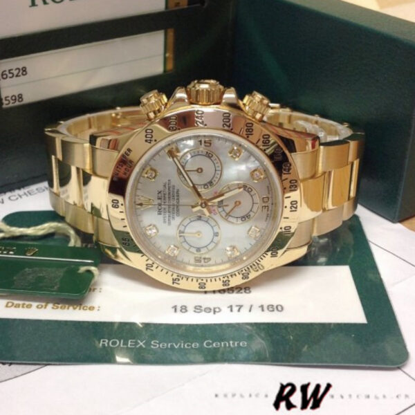 Rolex Daytona 116528 Yellow Gold Mother of Pearl Diamond Dial 40mm Mens Replica Watch - Image 5