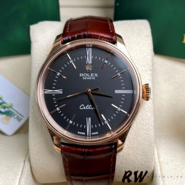 Replica Rolex Cellini Time 50505 Brown Leather Strap Black Dial 39mm Mens Replica Watch - Image 2
