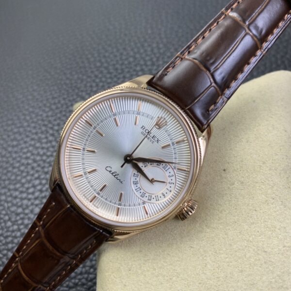 Replica Rolex Cellini Date Rose Gold Silver Crocodile Leather Strap 50515 39mm Mens Replica Watch - Image 6