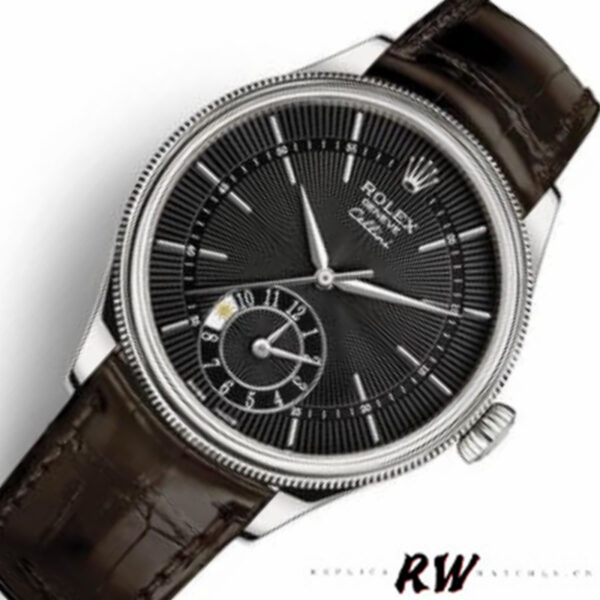 Replica Rolex Cellini Dual Time 50529 Black Dial Brown Leather Strap 39mm Mens Replica Watch - Image 4