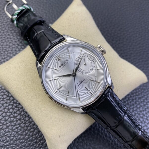 Replica Rolex Cellini Date 50519 Black Leather Silver Dial 39mm Mens Replica Watch - Image 4