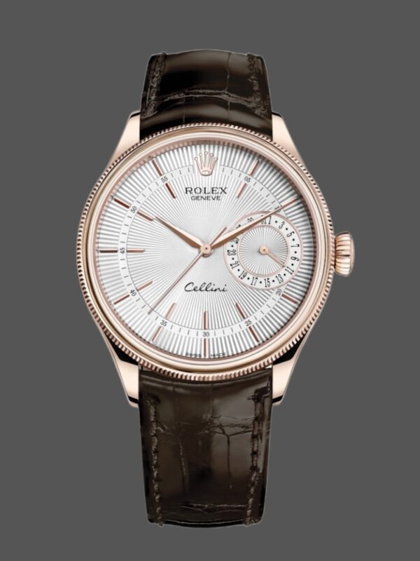 Replica Rolex Cellini Date Rose Gold Silver Crocodile Leather Strap 50515 39mm Mens Replica Watch