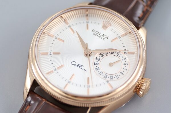 Replica Rolex Cellini Date Rose Gold Silver Crocodile Leather Strap 50515 39mm Mens Replica Watch - Image 14