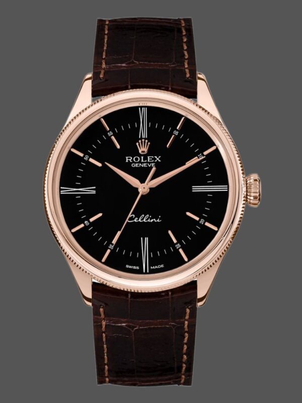 Replica Rolex Cellini Time 50505 Brown Leather Strap Black Dial 39mm Mens Replica Watch