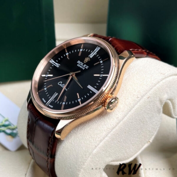 Replica Rolex Cellini Time 50505 Brown Leather Strap Black Dial 39mm Mens Replica Watch - Image 3